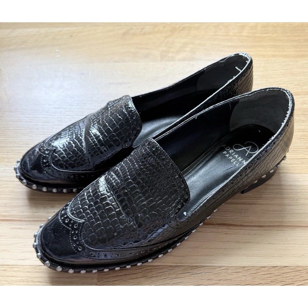 Adriana Papell Paloma Slip On Loafers Black Croc Embossed Leather Sz 8